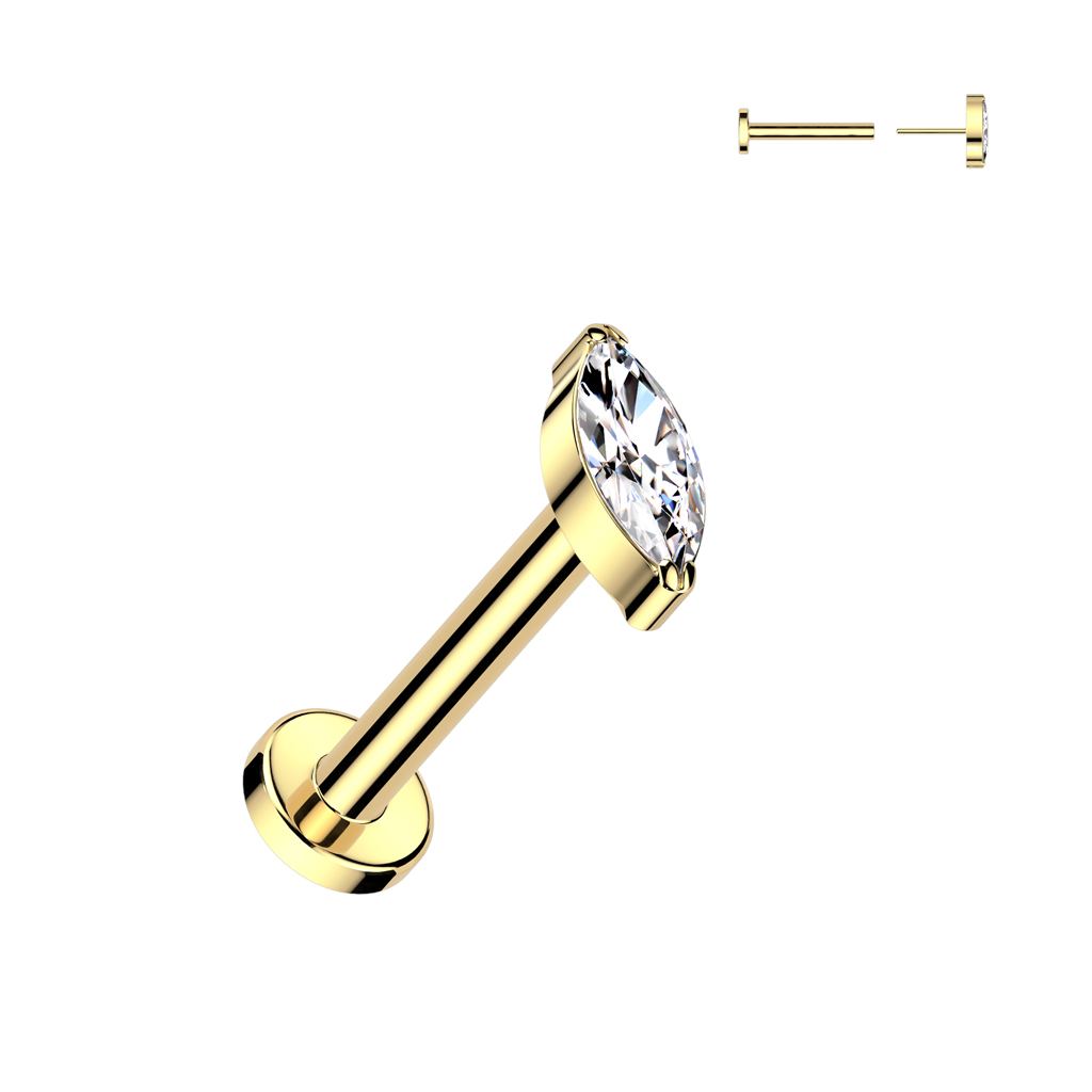 Gold titanium labret with a single marquise-cut clear gemstone