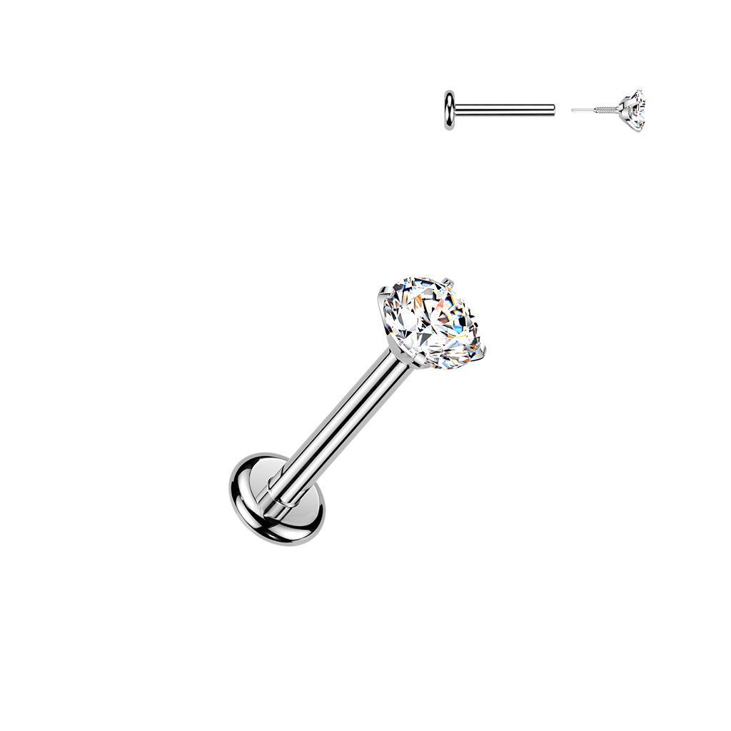 Silver labret with a single round clear gemstone solitaire