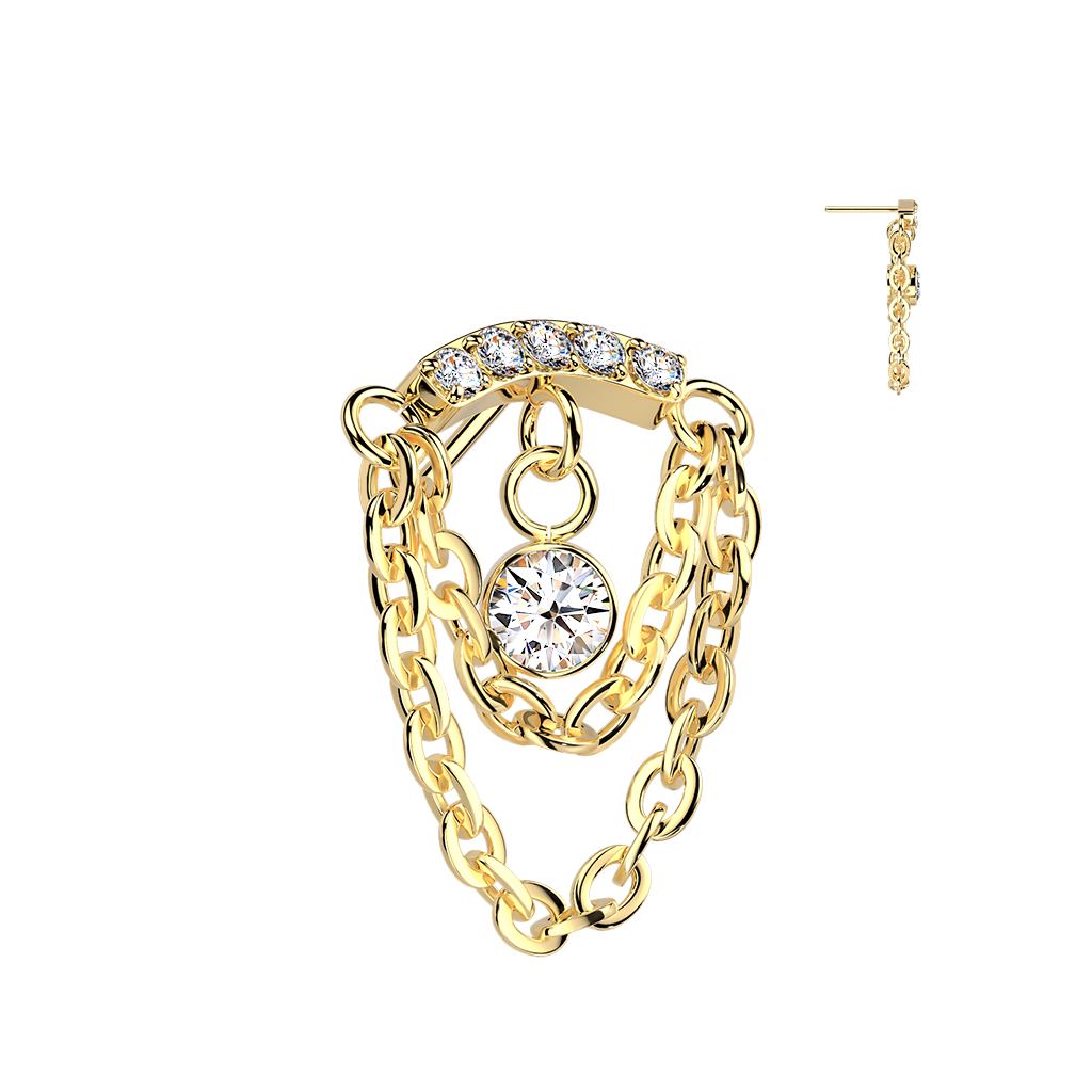 Gold flat-back with a row of five bezel-set gems draping into a double chain and a round bezel-set charm